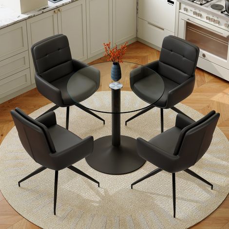 Mesa de comedor redonda (85x85x76 cm) con 4 sillas giratorias, vidrio templado, metal y PU negro (1/5)