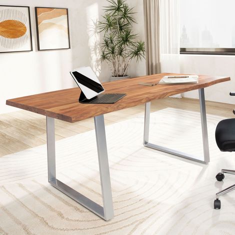 Bureau pieds U 160x80x76 cm en acacia naturel et métal chromé