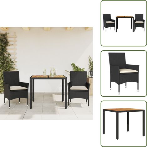 The Living Store Ensemble à manger de jardin et coussins 3 pcs noir rotin acacia - Meubles De Jardin - Salon De Jardin - Set De Jardin - Mobilier Extérieur - Table De Jardin (1/5)