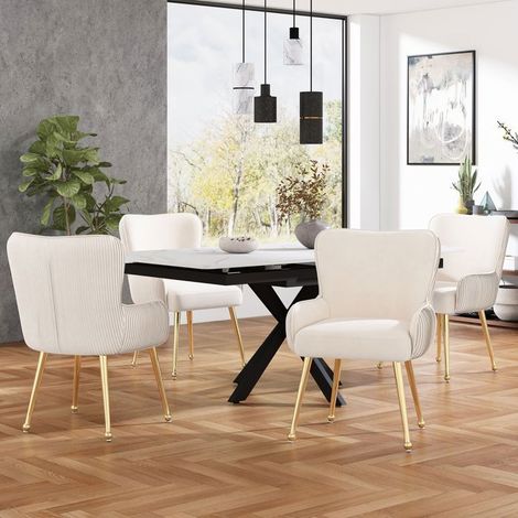 Lot de 4 Chaises de Salle à Manger velours beige cadre métal doré accoudoirs pieds réglables soutien lombaire (1/5)