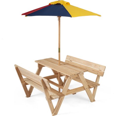 Table d'Extérieur et Bancs Intégrés avec Parasol en Bois de Sapin Massif, Parasol Détachable et Réglable en Hauteur, pour Enfant 3-8 Ans (1/5)