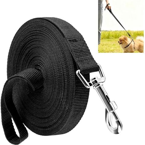 Longe Chien 10m Ajustable Laisse Dressage Mousqueton 360 Noir Poignee sangle nylon traction promenade (1/5)