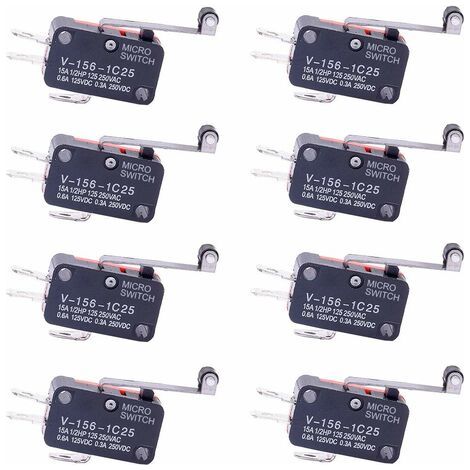 Lot de 8 micro-interrupteurs à levier de rouleau SPDT 1NO 1NC – 16A 250V – Actionneur momentané avec bras réinitialisable (1/4)