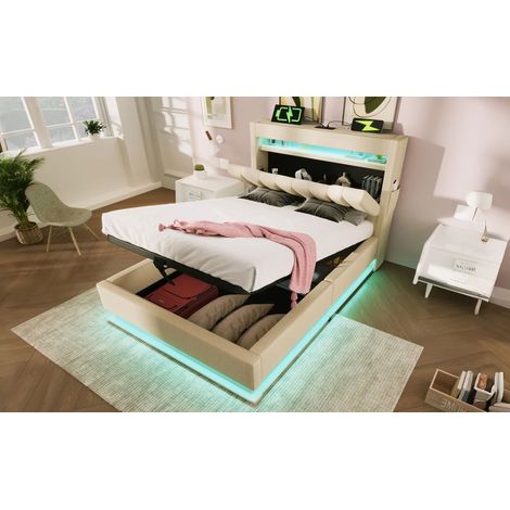 Lit coffre de 90x200 cm. Lit individuel. Lumière LED au niveau des pieds et de la tête du lit. Espace de rangement hydraulique. Couleur beige. Matériau : lin. (Sans matelas) (1/5)