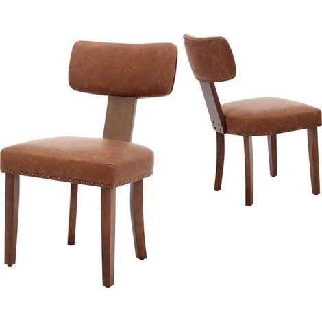Lot de 2 chaises de salle à manger vintage – Cuir synthétique rembourré – Dossier incurvé – Pieds bois massif finition cloutée – 54x49x80,7 cm (Marron)