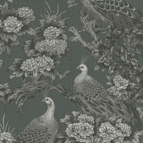 Vogel Tapete Profhome 399821 heißgeprägte Vliestapete leicht strukturiert mit Blumen-Muster matt grau umbra-grau anthrazit hell-grau 5,33 m2