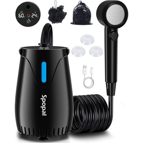 Camping Shower, [Night Light Mode & Rechargeable] Portable Camping Shower, 8000mAh, IPX8, 5 Adjustable Speeds, Type-C, with LED Screen, for Camping, Outdoor, Pet Bathing (1/5)