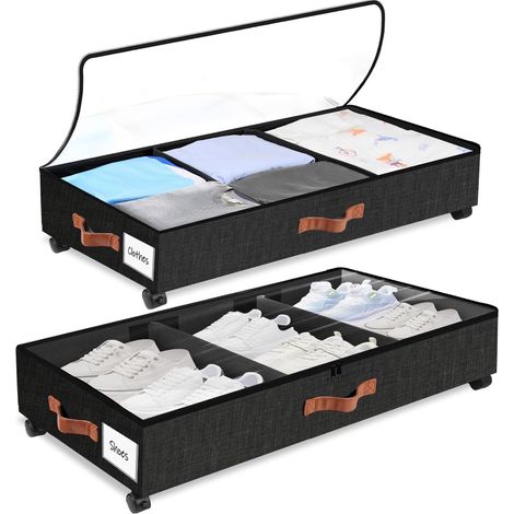 Lot de 2 Boîtes de Rangement Sous le Lit avec Roulette, Noir 38L Grand Bac Pliable Drap Caisse avec Couvercle Fenêtre Visible Cadre Métallique Tiroir Sous Lit pour Vêtements Chaussure Jouets (1/5)