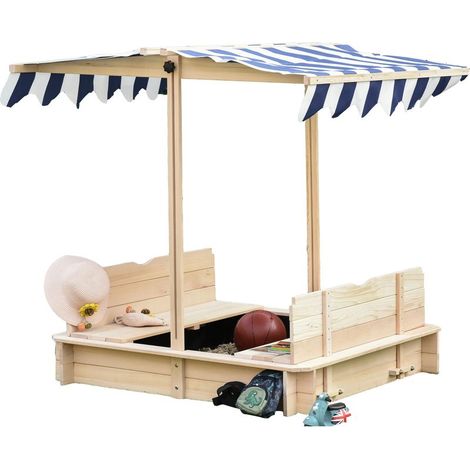 Bac à sable pour enfants avec auvent réglable en hauteur, 2 bancs et dossiers amovibles pour terrasse, 106 x 106 x 115 cm, naturel (1/5)