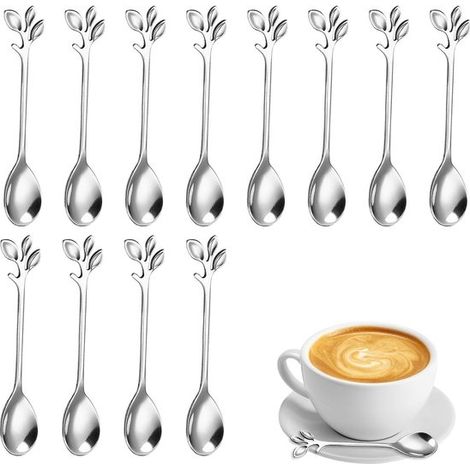 12 cucharillas de café con hojas de acero inoxidable，cucharilla de café especial，cucharillas de café con diseño de rama，cuchara para remover té (1/5)