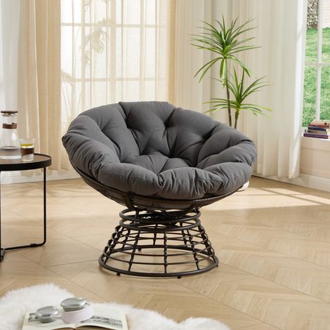 Fauteuil Papasan rotin – 360° – Coussin épais – Marron/gris – Salon/Chambre/Lecture – Velours côtelé (1/5)