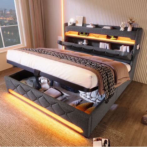 lit adulte double rangement LED USB 140x190 lin gris OKMYHOME (1/5)