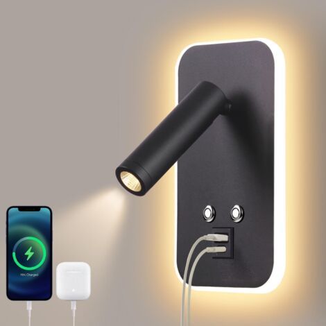 LED-Wandleuchte – Nachttischlampe mit Touch-Schalter und einstellbarer Helligkeit, USB-A- und USB-C-Ladeanschluss, Ambientebeleuchtung für Schlafzimmer, Hotelzimmer oder als Leselampe am Bett