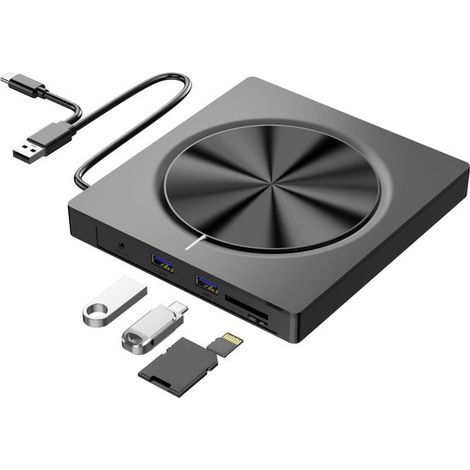 Disco duro externo,reproductor para portátil,lector de tarjetas portátil 6 en 1,grabadora de CD USB,Windows 11/10/8/7 y sistemas operativos Linux