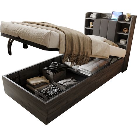 Lit simple 90x200 cm en panneaux de bois gris, avec rangement pour chambre, sans matelas - FLORAGRACE (1/5)