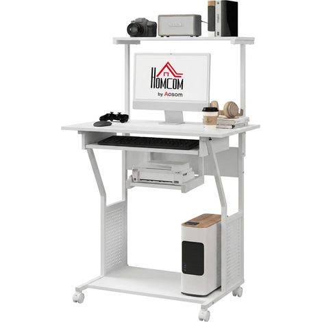 Bureau d'ordinateur roulant avec étagères, plateau clavier, 80x50x130cm, blanc (1/5)