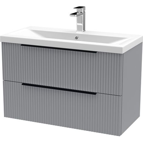 Fluted Front Wall Hung 2-Drawer Bathroom Vanity Unit with 1 Tap Hole Basin, 800mm, Satin Grey, Black Handles