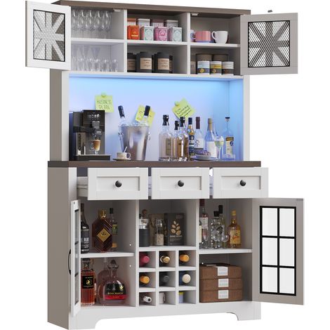 Armoire haute moderne, meuble de cuisine avec éclairage LED intelligent, armoire haute pour salon, meuble latéral avec porte-bouteilles et protection anti-basculement, étagères intégrées réglables, de (1/5)
