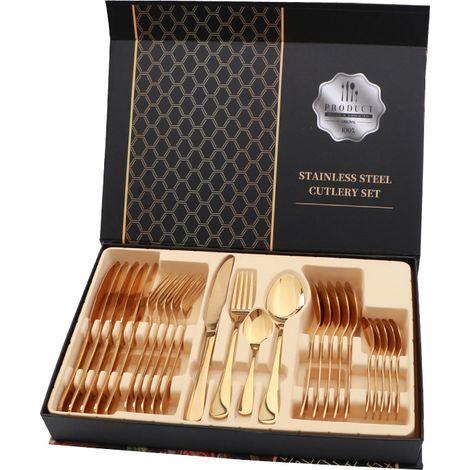 Service de couverts en acier inoxydable brillant 24 pièces couteau à steak fourchette cuillère ensemble pour restaurant doré