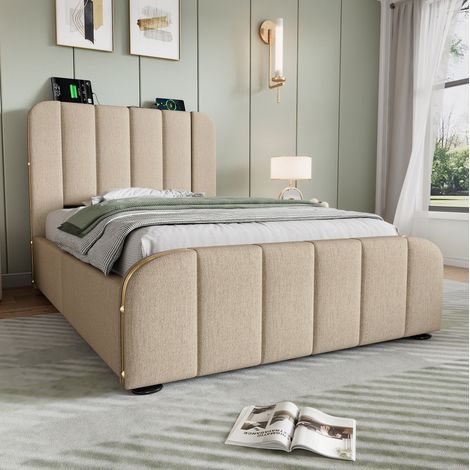 Bett mit Stauraum 90x200 cm, gepolstert in Beige, Kopfteil mit USB/Type-C, Lattenrost und Matratze inklusive (1/5)