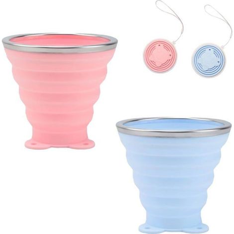 2 goblets pliables en silicone, 250 ml, avec couvercle et cordon, réutilisables, rose/bleu, idéaux pour voyage et bureau (1/5)