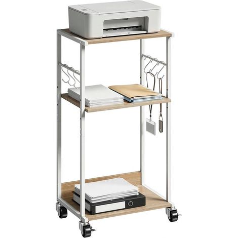 Support pour imprimante en bois naturel 3 niveaux avec roulettes et crochets métal, meuble bureau pratique et design (1/5)