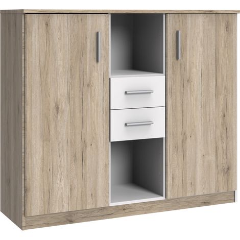 Buffet, meuble de rangement coloris Imitation chêne San Remo, rechampis blanc - longueur 122 x hauteur 105 x profondeur 41 cm -PEGANE- (1/2)