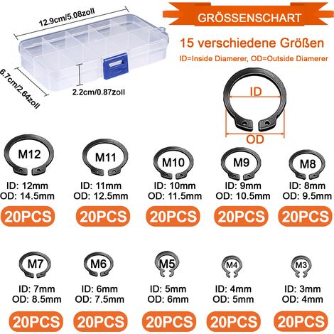 Circlip - Assortiment De Rondelles À Encoche Intérieures - 200 Pièces - Diamètres De 3 À 12 Mm - Boîte En Plastique (1/5)