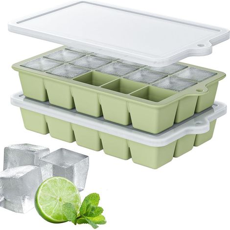 (Grün, 2 Stück) Eiswürfelform mit Deckel, BPA-freie Silikon-Eiswürfelform, stapelbare Eiswürfelform für Cocktails und Whisky (1/5)