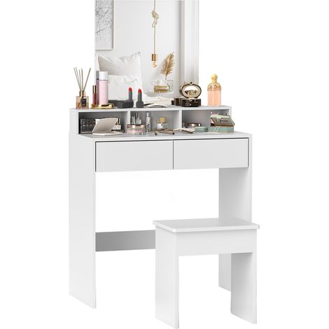 Coiffeuse en bois avec miroir, 3 étagères, 2 tiroirs et tabouret, 75 x 38 x 135 cm, blanche (1/5)
