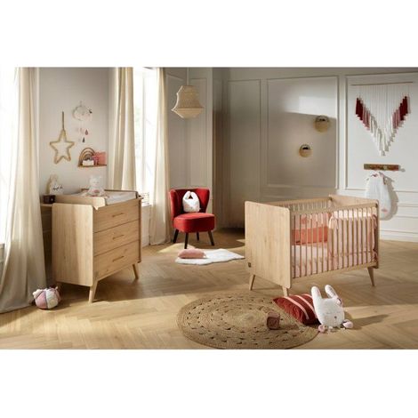 Chambre bébé complète – Lit 120 x 60 cm avec sommier réglable – Commode 3 tiroirs pour rangement optimisé – Pack Arty – Sauthon