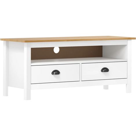 Vidaxl – Meuble TV en bois massif 110x40x47 cm – 2 tiroirs – Style rustique – Espace de rangement optimisé – Couleur blanche (1/5)