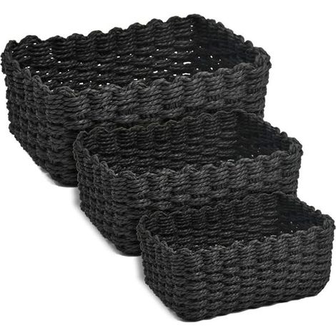 Lot de 3 Paniers en Osier pour Rangement Salle de Bain - Corbeille Écologique en Papier pour Jouets, Cosmétiques, Linges et Accessoires (Noir）
