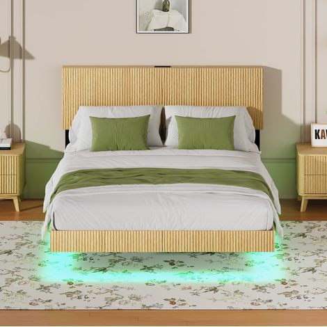 Cama flotante (210.5x144x99.7 cm), con cabecero acanalado, LED RGB, enchufe, hierro y tablero de partículas, natural (1/5)