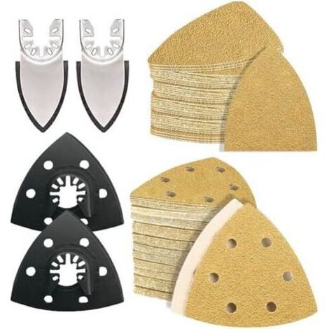 104PCS kit de plateaux ponçage multitool 93mm pour ponceuse delta disponible en plusieurs triangulaires grains adapté aux espaces restreints bois - (1/5)