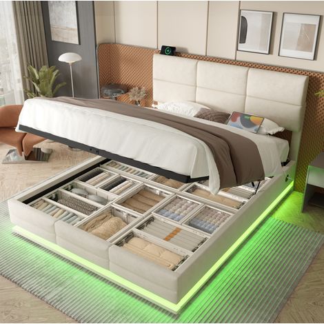 Cama baúl 180x200 de terciopelo con cabecero regulable, LED, USB/Tipo C, beige DESVIAE (1/5)