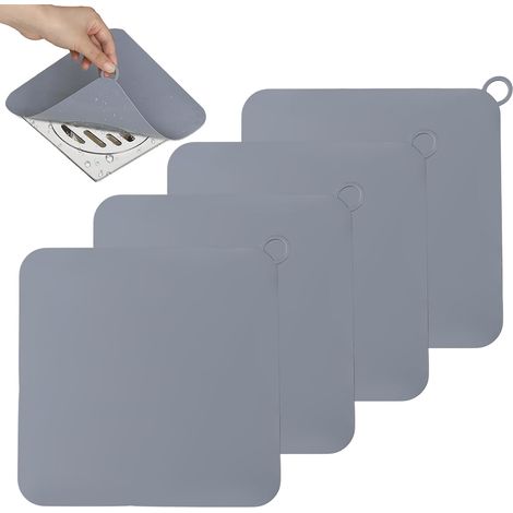 Box doccia in silicone inodore per scarico a pavimento, 19,7 x 19,7 cm, materiale PVC, facile installazione (grigio, confezione da 4) (1/5)