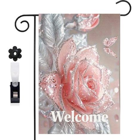 Drapeau de jardin ambiance douce et rose rose pailletée 30 x 45 cm décoration terrasse et extérieur (1/5)