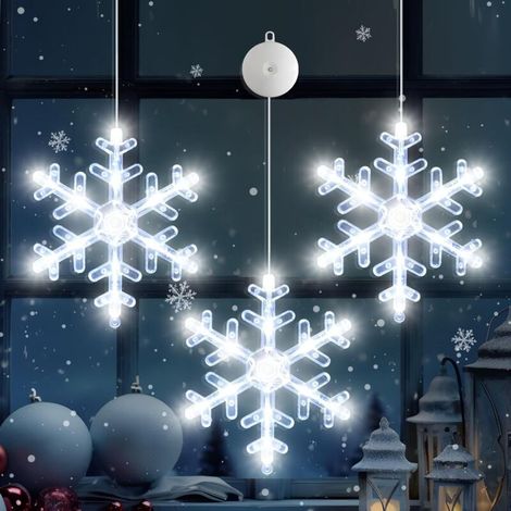 RHG Lot de 3 lumières de Noël à suspendre pour fenêtre de Noël, alimentées par piles, en forme de flocon de neige, lampe à ventouse pour intérieur et extérieur (1/5)