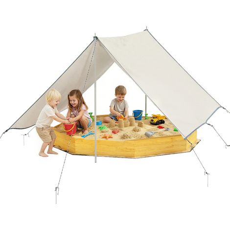Bac à sable en bois avec pare-soleil, bac à sable extérieur pour enfants avec 4 bancs, bâche de sol, jaune