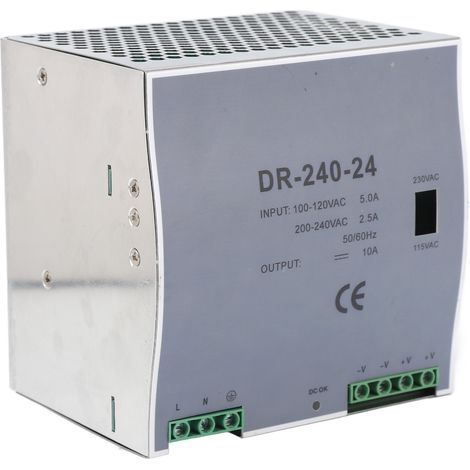Alimentation à découpage rail DIN 24V 10A 240W, transformateur AC-DC réglable, protection surcharge, entrée universelle 100-240VAC, pour LED et équipements industriels. (1/5)
