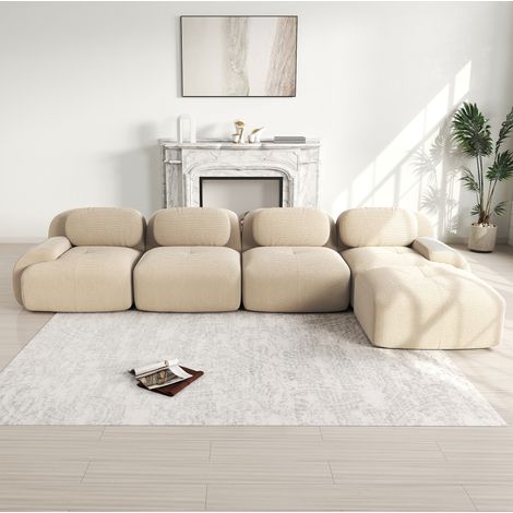 Divano angolare modulare 4 posti in tessuto a coste beige, senza montaggio, con chaise longue e schienale regolabile (1/5)