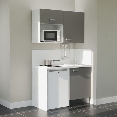 Kitchenette K07L-PT - 120 cm avec plan de travail et évier - Façade Gris - Plan Blanc - Crédences Oui