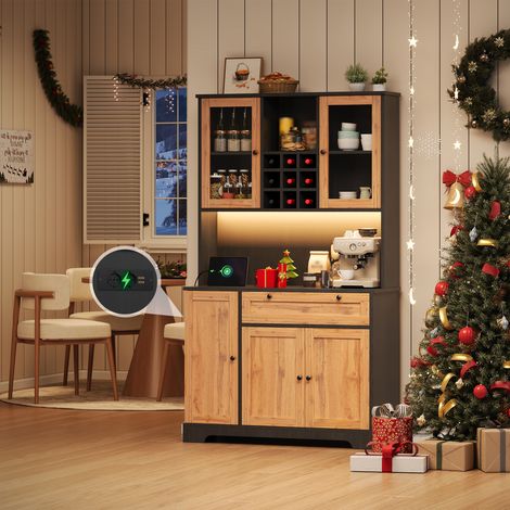 Mueble de cocina, armario alto, armario de almacenamiento, vitrina con puerta, especiero integrado, estantes ajustables, con iluminación LED de cambio de color y toma de corriente, 180 × 105 × 40 cm (1/5)