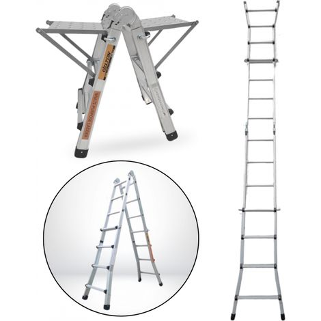 Échelle articulée pliante et télescopique en aluminium 4x3 marches 2,81m + 2 tablettes - SECURY-T