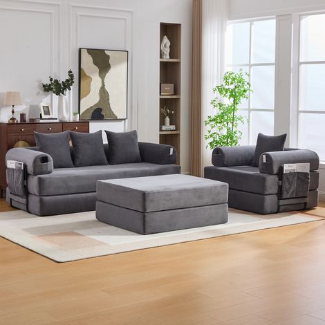 Canapé modulare 4 posti in velluto a coste grigio scuro con pouf, struttura in metallo e tasca laterale (1/5)
