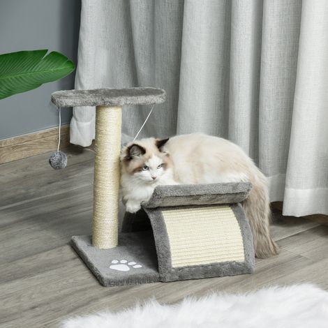 Arbre à chat PawHut 43 cm avec tunnel. Plateforme de repos en forme de U. Arbre à chat avec griffoir. Balle jouet. Mobilier pour petits chats. Gris clair.