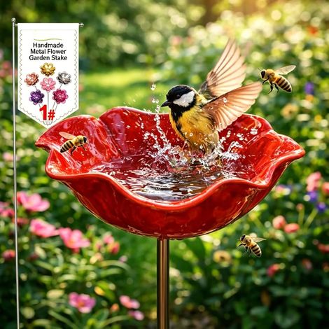 Fuglebad i métal avec fleur, hagespyd à main, fuglebad résistant à l'hiver et fourgon à insectes, hage- et terrassefuglebad 1 pièce rød 15 cm rouge (1/5)
