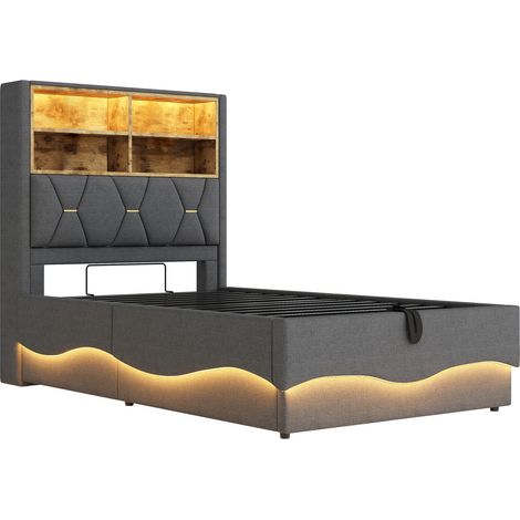 Cama infantil 90 x 200 cm con almacenamiento hidráulico, LED y USB, cabecero gris (1/5)