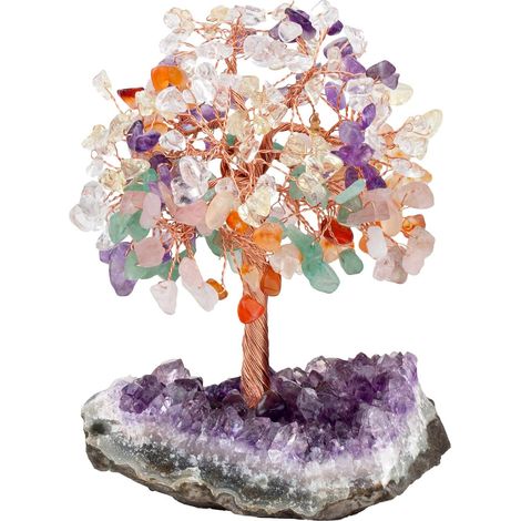 Arbre à argent en cristal de quartz rose naturel, aigue-marine et améthyste, avec socle en amas d'améthyste. Figurine Feng Shui pour bureau, table de méditation ou autel. (1/4)